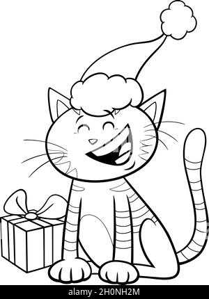 Illustrazione cartoon in bianco e nero di gatto o gattino personaggio animale con regalo sulla pagina libro colorazione tempo di Natale Illustrazione Vettoriale