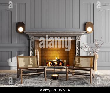 Bell'interno classico scuro con caminetto e sedie. rendering 3d, immagine mockup. Foto Stock