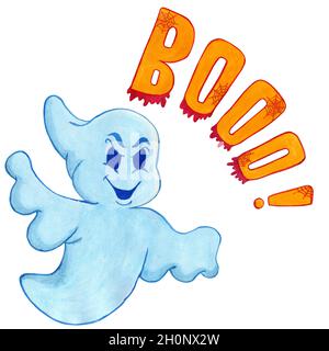 Spaventoso e divertente boo fantasma parlante. Fantasma blu. Illustrazione di Halloween isolata su sfondo bianco. Illustrazione dell'acquerello. Foto Stock