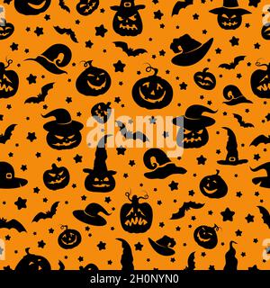 Simboli di Halloween su sfondo arancione. Ripetizione senza giunture. Illustrazione vettoriale. Illustrazione Vettoriale
