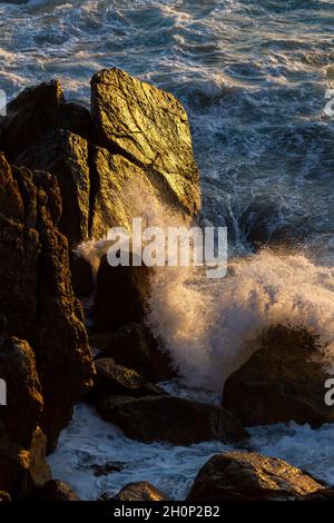 La luce del mattino risplende sui massi mentre le onde si infrangono contro di loro. Foto Stock
