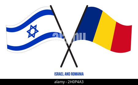 Israele e Romania Bandiere incrociate e ondulate stile piatto. Proporzione ufficiale. Colori corretti. Illustrazione Vettoriale