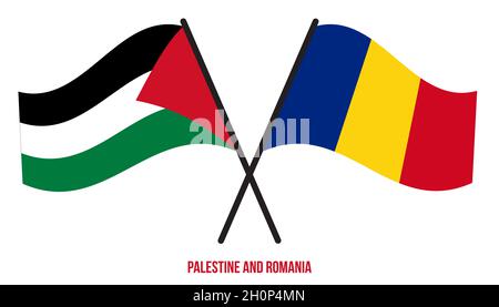 Palestina e Romania Bandiere incrociate e ondeggianti stile piatto. Proporzione ufficiale. Colori corretti. Illustrazione Vettoriale