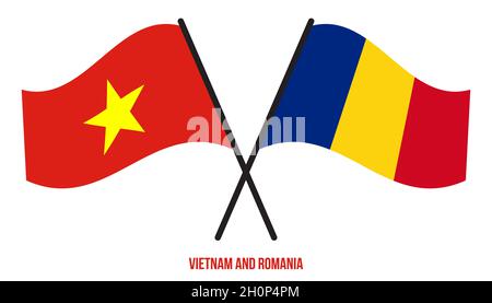 Vietnam e Romania Bandiere incrociate e ondeggianti stile piatto. Proporzione ufficiale. Colori corretti. Illustrazione Vettoriale