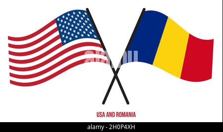 USA e Romania Bandiere incrociate e ondulate in stile piatto. Proporzione ufficiale. Colori corretti. Illustrazione Vettoriale