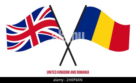Regno Unito e Romania Bandiere incrociate e ondulate stile piatto. Proporzione ufficiale. Colori corretti. Illustrazione Vettoriale