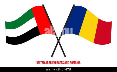 Emirati Arabi Uniti e Romania Bandiere incrociate e ondulate stile piatto. Proporzione ufficiale. Illustrazione Vettoriale
