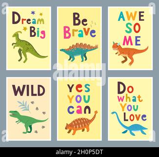 Collezione di poster per bambini con simpatico Dino colorato disegnato a mano e motivazioni e citazioni divertenti per interior design, wall art e biglietti d'auguri Illustrazione Vettoriale
