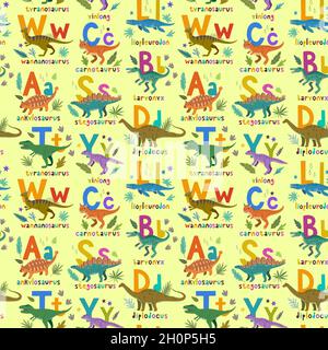 Modello senza cuciture con simpatici dinosauri da fumetto, elementi naturali e lettere disegnate a mano. Adorabile disegno per bambini. Illustrazione Vettoriale