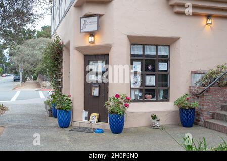 Stati Uniti. 2 settembre 2021. Firma sulla facciata dell'ufficio del terapista del cane a Carmel, California, 2 settembre 2021. (Foto di Sftm/Gado/Sipa USA) Credit: Sipa USA/Alamy Live News Foto Stock