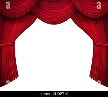 Tenda rossa per teatro, scena d'opera, scena d'opera, grande apertura concerto o premiere cinema backstage, portiere per cerimonia esecuzione isola Illustrazione Vettoriale