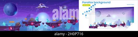 Gioco arcade spazio mobile con sfondo parallasse astronave, navetta interstellare raccogliere le risorse su piattaforme rocciose pianeta alieno, fantasy 2d ui design, scena extraterrestre, Cartoon vettore paesaggio Illustrazione Vettoriale