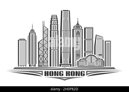 Illustrazione vettoriale di Hong Kong, poster orizzontale monocromatico con disegno lineare famoso paesaggio cittadino hongkong, concetto di arte urbana con decorazione l Illustrazione Vettoriale