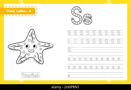 Tracciare la lettera S maiuscola e minuscola. Foglio di lavoro di pratica di calcolo dell'alfabeto per i bambini che imparano l'inglese con animale carino dei cartoni animati. Boo da colorare Illustrazione Vettoriale