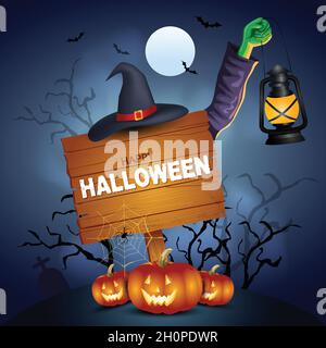 Tavola di legno che indossa cappello diavolo. Happy Halloween poster, volantino, banner design creativo. Disegno vettoriale Illustrazione Vettoriale