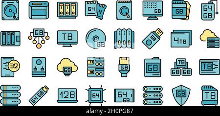 Le icone gigabyte impostano il vettore di contorno. Big data. Terabyte di comunicazione Illustrazione Vettoriale