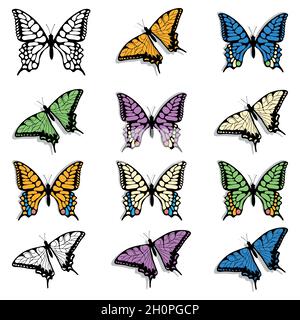 Disegnato a mano di farfalla. Insetti colorati. Logo Butterfly. Fauna selvatica. Farfalle colorate realistiche. Set di machaon farfalla isolato su backgro bianco Illustrazione Vettoriale