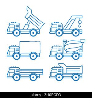 Rimorchio trainato a mano. Trasporto merci. Logo del veicolo. Servizi di trasferimento. Veicolo per la consegna del carico. Design di autocarri. Set di carrelli blu isolati su Illustrazione Vettoriale