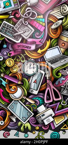 Banner stilista fatto a mano con doodle. Opuscolo dettagliato su Cartoon. Illustrazione Vettoriale