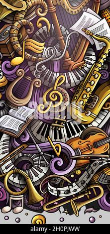 Classica Musica classica Banner doodle disegnato a mano. Opuscolo dettagliato su Cartoon. Illustrazione Vettoriale