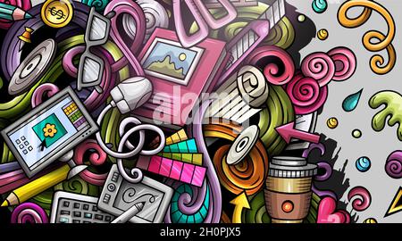 Banner stilista fatto a mano con doodle. Opuscolo dettagliato su Cartoon. Illustrazione Vettoriale