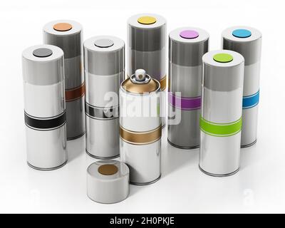 Bombolette spray colorate isolate su sfondo bianco. Illustrazione 3D. Foto Stock