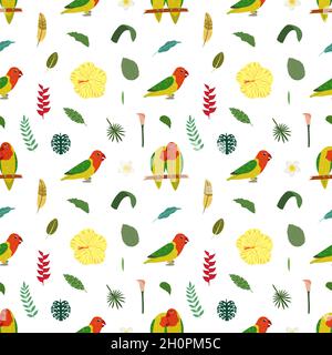 Modello senza cuciture con pappagalli di lovebird su bastone, foglie tropicali e fiori. Cute baby stampa per tessuti e tessuti. Illustrazione Vettoriale