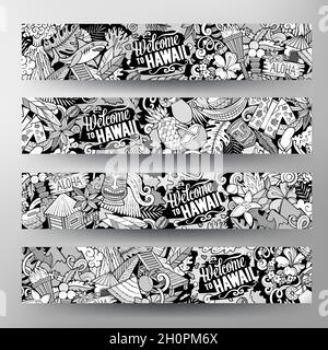 Cartoon carino Doodles Hawaii banner orizzontali set Illustrazione Vettoriale