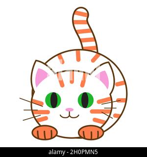 Divertente gatto cartoon, carino illustrazione vettoriale in stile piatto. Gatto bianco e arancione. Gattino grasso sorridente. Stampa positiva per adesivi, biglietti, abiti, texti Illustrazione Vettoriale