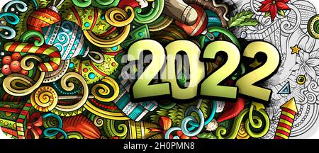 2022 scarabocchi illustrazione orizzontale. Poster degli oggetti e degli elementi dell'anno nuovo Illustrazione Vettoriale