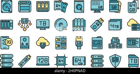 Le icone gigabyte impostano il vettore di contorno. Big data. Terabyte di comunicazione Illustrazione Vettoriale