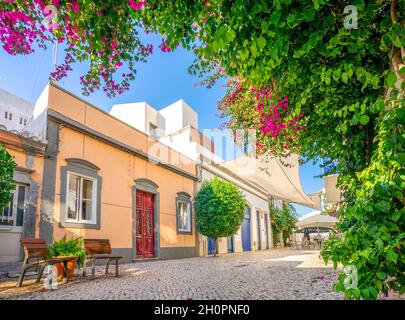 Strade affascinanti con case tradizionali a Faro, capitale dell'Algarve, Portogallo Foto Stock