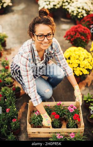 Vista dall'alto di sorridente fioraio caucasico donna che mette fiori nella cassa. Tutto intorno fiori in pentole. Foto Stock