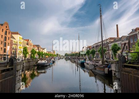 La storica Delfshaven, il porto e i Padri Pellegrini di Rotterdam, Paesi Bassi. Foto Stock