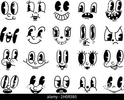 Retro 30s cartoon mascotte personaggi volti divertenti. anni '50, sessanta animazione occhi e bocche elementi. Fumetto vintage Smile per set vettoriale logo Illustrazione Vettoriale