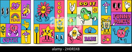 Poster trendy a mosaico con divertenti personaggi di cartoni animati. Copriletto in omaggio con volti fumetti retrò e mani in guanti Vector Set Illustrazione Vettoriale
