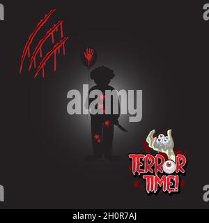 Logo Terror Time con illustrazione della silhouette in pagliaccio Illustrazione Vettoriale