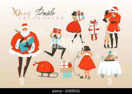 Disegno a mano vettore astratto Merry Natale e felice anno nuovo cartoon illustrazioni raccolta di saluti set con inverno stile di vita domestico celebrare Illustrazione Vettoriale