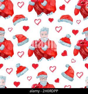 Modello senza cuciture con hipster Babbo Natale che mostra il simbolo del cuore, cappello rosso su sfondo bianco. Illustrazione acquerello con vacanze invernali, n Foto Stock