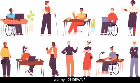 Lavoratori multiculturali sul luogo di lavoro. Cartoni animati in carrozzina, personaggio disabili sul posto di lavoro. Insieme di vettori diversity Illustrazione Vettoriale