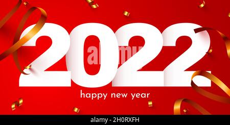 Felice anno nuovo 2022. Numeri festivi 2022 con confetti. Poster o banner natalizi. Illustrazione vettoriale Illustrazione Vettoriale