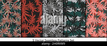 Set di 5 modelli senza giunture con foglie tropicali piatte Illustrazione Vettoriale