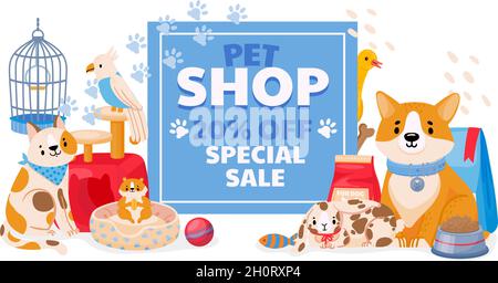Banner vendita negozio di animali domestici con animali domestici, cani e gatti. Zoo negozio flyer o coupon di sconto su accessori, giocattoli e forniture concetto vettoriale Illustrazione Vettoriale