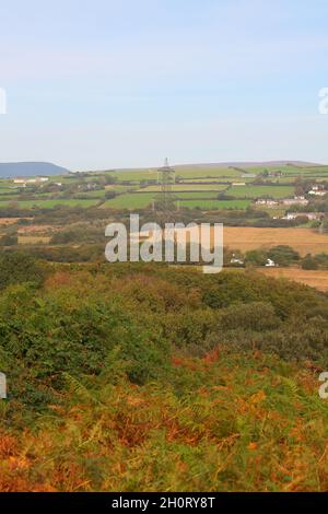 Una vista attraverso una piccola valle con turbine eoliche sul fronte successivo e linee di trasmissione di potenza che corrono lungo il fondo della valle. Foto Stock