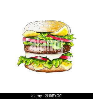 Burger hamburger disegno a mano matita, isolato, sfondo bianco. Illustrazione vettoriale Illustrazione Vettoriale