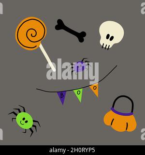 Happy halloween elementi set isolato su grigio Illustrazione Vettoriale