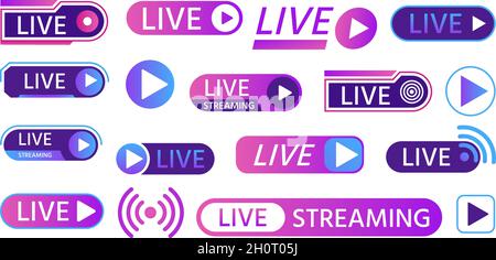 Icone live per lo streaming di giochi, la trasmissione tv, i programmi o le notizie in onda. Pulsanti e barre per social media, set vettoriale di eventi video online Illustrazione Vettoriale