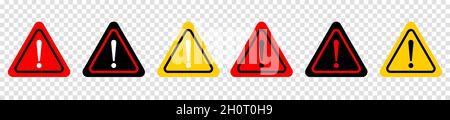 Set di segnali di pericolo attenzione. Set di icone di simboli di avvertenza triangolari. Illustrazione vettoriale isolata su sfondo trasparente Illustrazione Vettoriale