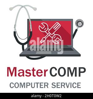 Servizio computer. Servizio di riparazione del computer. Computer portatile con cacciavite e chiave. Etichetta di riparazione PC. Servizio desktop. Illustrazione Vettoriale