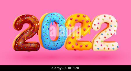 Gustoso biglietto d'auguri felice anno nuovo 2022. Numeri dolci colorati smaltati. Biglietto d'auguri, banner, poster. Illustrazione vettoriale Illustrazione Vettoriale